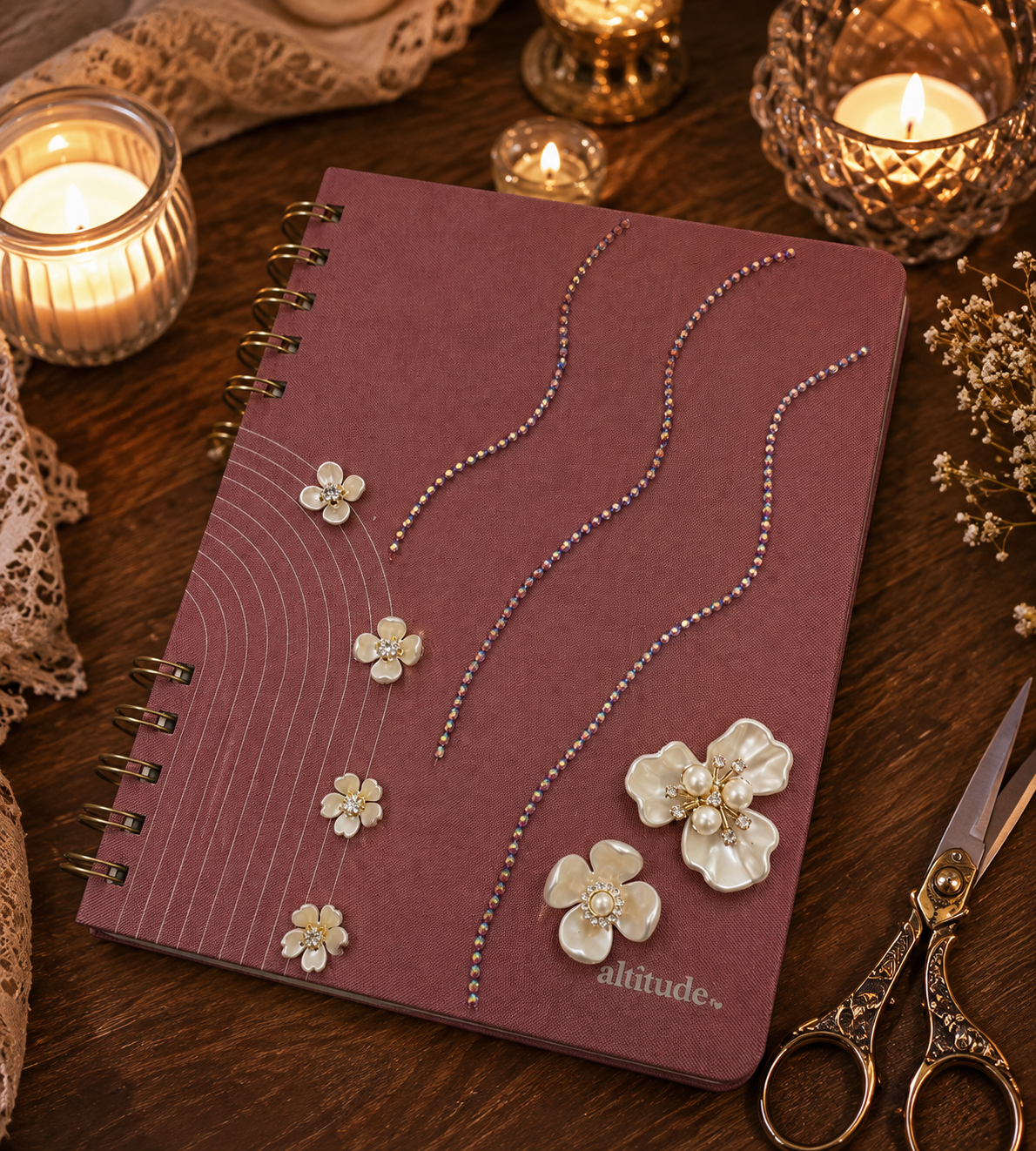 Blush Pink Hand-Embellished Floral Spiral Notebook
