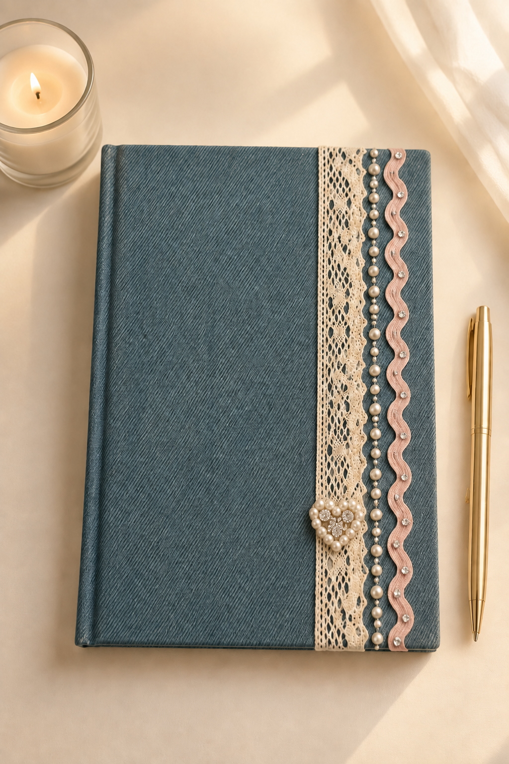 A blue textured hardcover notebook with a decorative vertical lace and ribbon trim on the right side, accented by a small rhinestone heart clasp. The notebook is styled on a light beige surface next to a gold pen, a lit candle, and soft window shadows.